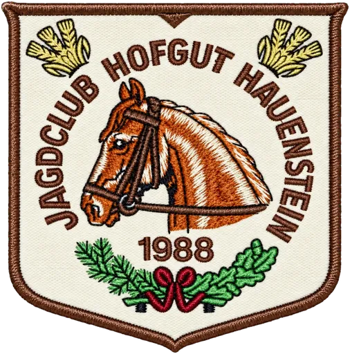 Wappen des Jagdclub Hofgut Hauenstein mit Pferdekopf, Eichenlaub und der Jahreszahl 1988